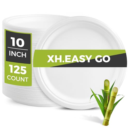 XH.Easy Go 10 Inch Paper Plates 100% Compostable Plates Heavy-Duty Disposable Plates Bulk [125 Pack], Made of Natural Sugarcane Fibers, Eco-Friendly Biodegradable 10" White Dinner Plates