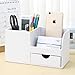 KINGFOM Desk Organizer Office Supplies Caddy Pu Leather Multi-function Storage Box Pen/Pencil,Cell phone, Business Name Cards Remote Control Holder with Small Drawer White