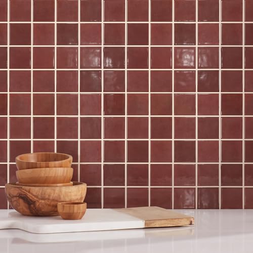 Commomy Thick Adhesive Kitchen Tiles Red, 10-Pieces, 30.5 x 30.5 cm, Self-Adhesive Vinyl Kitchen Wall Tiles, 3D, Backsplash Tiles Adhesive for Wall, Kitchen, Bathroom and Subway