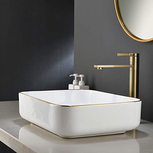 Ufaucet Modern White Rectangular Above Counter Countertop Porcelain Ceramic Bathroom Vessel Vanity Sink with Golden Rim