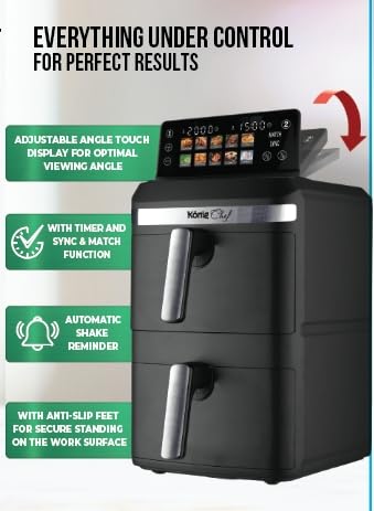 XXL 12.4L Stacked Dual Basket KönigChef Double Drawer Vertical Family Air Fryer, 2800W, FRY FORCE 360°, 10 Presets, Match & Sync, LED Touch Display - ZHAF-968A