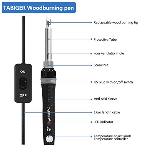 Tabiger Wood Burning Tool Kit, 60W Pyrography Pen/Wood Burning Pen with Adjustable Temp 200~450â„ƒ and ON/OFF Switch, including 5 Carving/Embossing/Soldering Tips and Stand for Creative Wood Burner