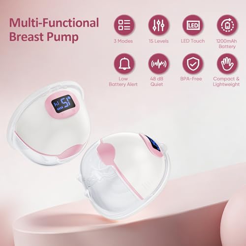 Hands Free Electric Breast Pump, 2 x 180ml Large Capacity Breast Pump, 3 Modes and 15 Levels, Portable Breast Pump with LED Display, Memory Function and Auto Shut Off
