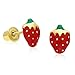 14k Yellow Gold and Red Enamel Strawberry Fruit Earrings in Secure Screw backings