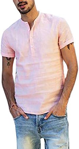 Mens V Neck Cotton Linen Henley Shirts 3/4 Sleeve Banded Collar T-Shirt Loose Fit Summer Beach Tops