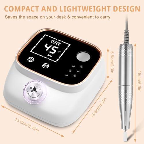 Youtelit Nail Drill 45,000RPM, 13 in 1 Electric Nail File for Acrylic and Gel Nails, Rechargeable Nail Drill Machine, Manicure Pedicure Kit with 12 Bits, LCD Display, Touch Button, Clean Brush (White)