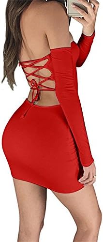 Women's Off Shoulder Back Lace Up Bodycon Clubwear Party Mini Dress M Red