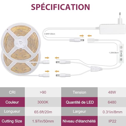 Wefomey 20 m COB LED Strip, Warm White 3000 K Flexible Dimmable 24 V with Remote Control and Power Supply, CRI>90, Width 8 mm, 324 LEDs/M, Warm White LED Strip for Home, Bedroom, Mirror Decorate
