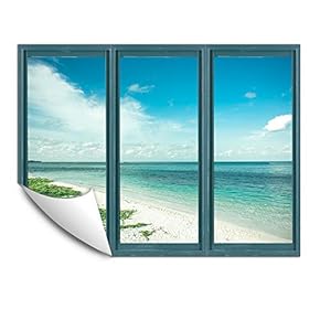 Wall Murals for Bedroom Fake Window Beach Blue Window Removable Wallpaper Peel and Stick Wall Stickers - 24x32 inches