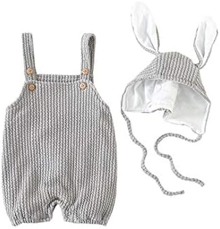 AIKSSOO 2PCs Baby Girls Boys Easter Outfit Set Straps Bib Romper+Bunny Ears Cap