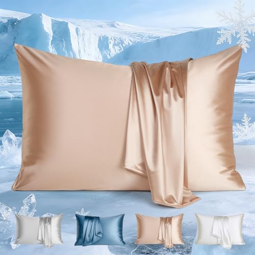 Marchpower Cooling Pillow Case, Arc-chill 2 Pack Q-Max 0.5 Cool Pillowcases for Hot Sleepers, Silk Pillowcase Breathable & Anti-Static Hair Care, Stain Pillow Cover with Zipper - 50X75cm, Champagne
