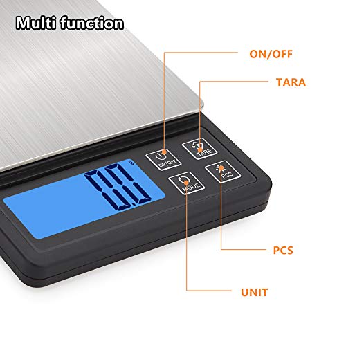 Digital Kitchen Scale, USB Charging Multifunction kitchen Scale, High Precision 0.1g Mini Pocket Jewelry Scale, Cooking Food Scale with Backlit LCD Display, Tray, 6 Units, Auto Off, Tare, PCS Function, Stainless Steel, Battery Included (black)