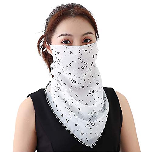 Outdoor Women\'s Sun Protection Anti-Dust Bandanas Cycling Chiffon Face Cover Multifunctional Scarf Mask (White-Heart)