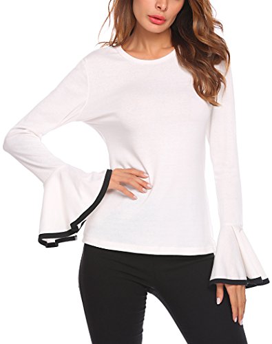 Women's Long Bell Sleeve Blouse Loose Trumpet T-Shirt Casual Solid Flare Tops (L=US 6, White)