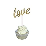 Aisila® Pack of 20 Glitter Paper LOVE Wedding Cupcake Toppers Golden (Love 2)