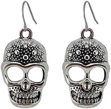 Pair of Silver Skeleton Skull Head Drop Dangle Hook Earrings Pirate Punk Gothic Gift Antique Jewellery for Women Girls