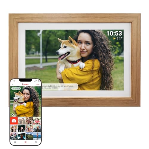 Denver Digitaler Bilderrahmen Holz 10,1 Zoll mit WLAN - FRAMEO Digital Photo Frame mit Touchscreen & 16 GB Speicher - Elektrischer Bilderrahmen mit Ap