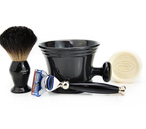 Haryali London4 Pc Mens Shaving Kit 5 Edge Razor With Black Badger Hair Shaving Brush, Soap and Shaving Mug Set For Men