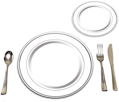 Precisely Plastic 25 Heavyweight Elegant Plastic Disposable Place Settings: 25 Dinner Plates, 25 Salad or Dessert Plates & 25 Polished Silver Plastic Forks Knives & Spoons