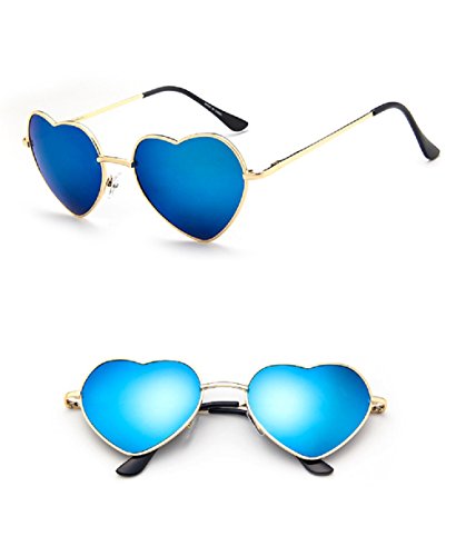Chezi Women's Metal Colorful Iridium Coated Lens Heart Sunglasses (gold, blue mirror)