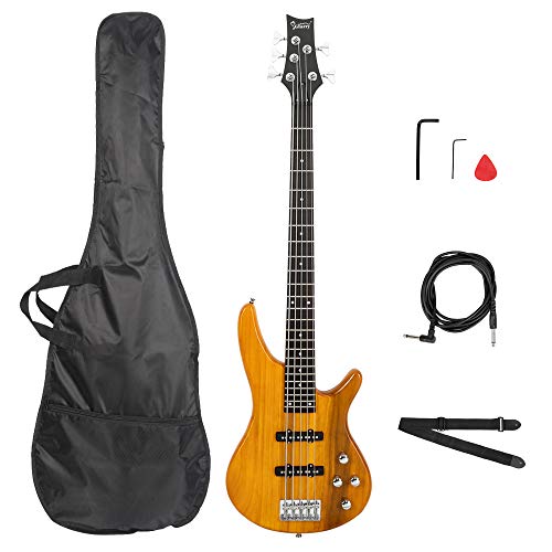 Exquisite Stylish GIB Electric 5 String Bass Guitar Full Size Bag Strap Pick Connector Wrench Tool (Transparent Yellow)