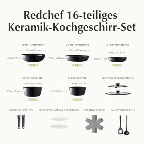 Redchef Pan Set, 16 Pieces with Removable Handles, Non-Stick Ceramic Cookware Set, Pan 20 + 26 cm, Deep Frying Pan 26 cm, Pot 18 + 20 cm, Stackable Pot Set for All Hobs, Oven Safe