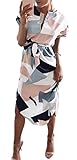 PRETTODAY Women Summer Dress Short Sleeves Elasticated Waist Belt Lattice Long Skirt