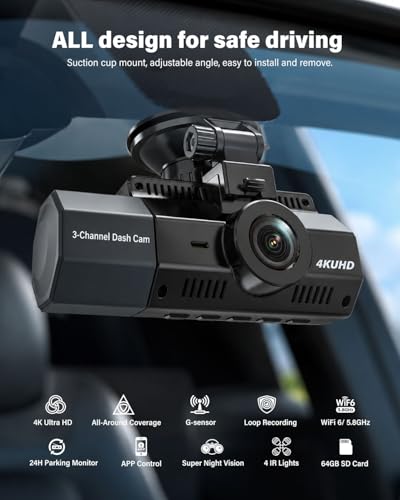 4K 3 Channel Dash Cam Front and Rear Inside Camera with STARVIS 2,4K+2.5K+2.5K Dashcam for Cars,Built-in 5G Wi-Fi & GPS,64GB Card,Loop Recording,HDR,Night Vision,Voice Guidance,24H Parking Mode