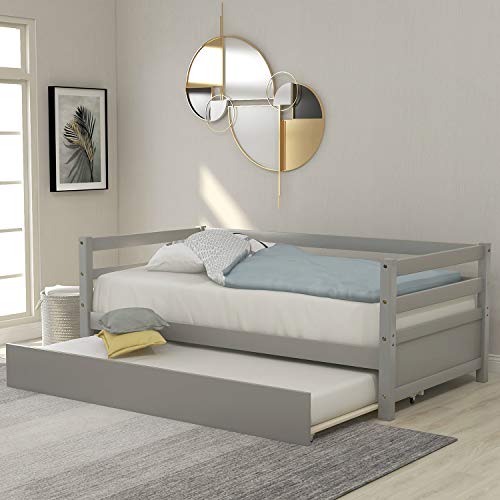 Daybed with Trundle, Rockjame Premium Twin Bed Frame with Strong Solid Wood Slat Support, Easy Assembly, No Box Spring Needed (Gray) - Thumbnail 7