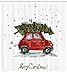 Ambesonne Christmas Shower Curtain, Retro Style Car Xmas Tree Vintage Family Illustration Snowy Winter Art, Cloth Fabric for Bath Decor Bathroom Decor Set with Hooks, 69
