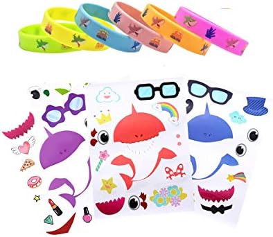 LANWANGJI 12pcs Cute Shark Silicone Wristbands Bracelets and DIY Shark Stickers Shark Birthday Party Supplies Favors Prize Rewards,Kids Shark Themed Birthday Decoration