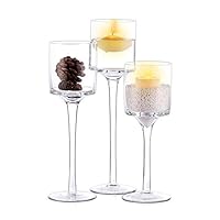 Nuptio 3 Pcs Candlestick & Tealight Candle Holders, Tall Elegant Glass Stylish Design, Ideal for Weddings, Home Decor, Parties, Table Settings & Gifts