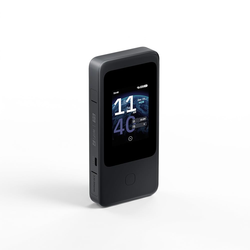 GL.iNet MUDI 7 (GL-E5800) Wi-Fi 7 5G Router mit eSIM & Dual-SIM, 2,8" Touch, Tri-Band bis 5,76 Gbps, 2,5G LAN, 700Mbps VPN, 13,5h Akku — Mobiler Hotspot für Reisen & Live-Stream