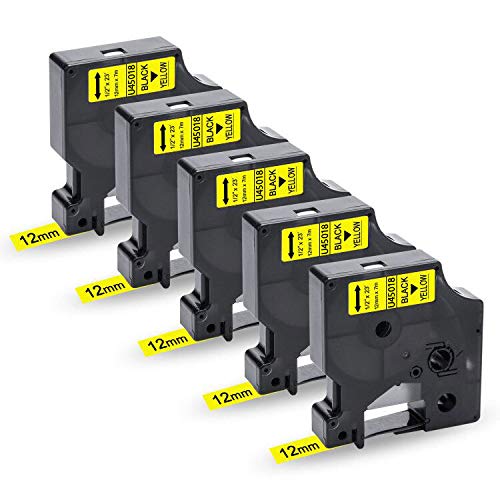 UniPlus 5X Compatible D1 12mm Label Tape Replacement for D1 45018 S0720580 Labeling Tape D1 Black on Yellow, Work with LabelManager 160 210D 360D 420P LabelWriter 450 Duo Label Maker