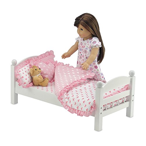 18 Inch Doll Accessories | Reversible Pink Heart Print Ruffled Bedding Set with Comforter, 3 Pillows and Sheet | Fits American Girl Dolls