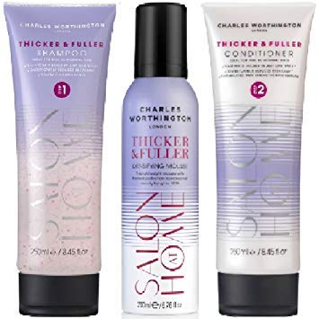 (Pack of 3) Charles Worthington Thicker & Fuller Shampoo 250ml & Thicker & Fuller Conditioner 250ml & Thicker & Fuller Densifying Mousse 200ml