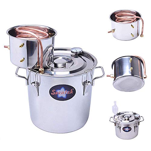 Seeutek 5 Gallon 18 Litres Home Alcohol Water Distiller Copper Moonshine Still Kit Stainless Steel Spirits Boiler, 5Gal, Silver