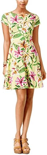 American Living Women's Fit &amp; Flare Boat-Neck Dress (Medium, Floral Yellow Multi)
