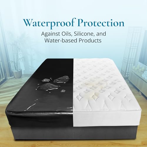 Vinyl Waterproof Fitted Sheet, King 183 x 203 cm, 40 cm Deep Pocket, Phthalate-Free Black Wipe-Clean Mattress Protector with Side Pocket & Repair Kit, for Massage Oil, Water & Silicone