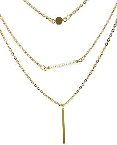 Vintage Multi-Layer Necklace with Three Gold Tone Chain Statement Pendant Imitation Bib Pearls