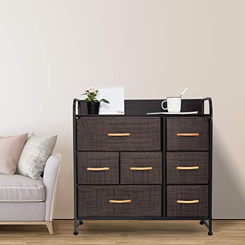 charaHOME Drawer Dresser(Brown) Dresser Organizer with 7 Drawers, Fabric Dresser Storage Tower for Bedroom, Hallway, Entryway, Closets, Sturdy Steel Frame, Wood Top & Handles