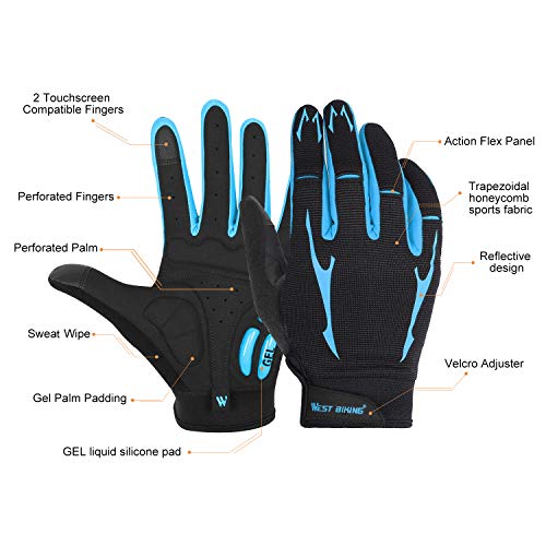 WESTGIRL Full Finger Cycling Gloves for Men Women, Touch Screen Silicone Gel Pad Shock-Absorbing Anti-Slip Breathable Sports Gloves for Running, Climbing, Hiking, Training