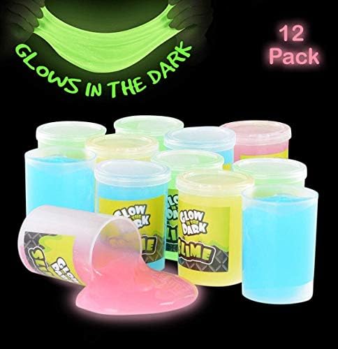 Kicko Glow In The Dark Slime - 12 Pack Assorted Neon Colors - Green Blue Orange And Yellow For Kids Party Favors Goody Bag Filler Birthday Gifts Non-Toxic