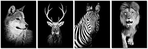 Live Art Decor- Black and White Wall Art,Wolf,Deer,Zebra,Lion Picture Canvas Painting Wall Decor,Framed Easy Wall Hanging,Each Piece 12"x16"