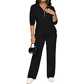 PINSV Women's 2 Piece Outfits Sweatsuit Lapel Half Zip Sweatshirts Wide Leg Pants Set Tracksuit