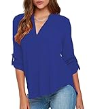 LOSRLY Women's Loose Solid Chiffon Blouses V Neck Cuffed Sleeve Shirts Tops