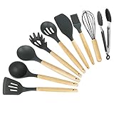 Kitchen Utensil Set 9pcs Silicone Cooking Tools-Beech Wooden Handle Cooking Utensil Including Tongs, Whisk, Turner, Spatula, Spoon, Nonstick Cookware Utensils for Good Helper, Cooking Women or Ladies