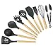 Kitchen Utensil Set 9pcs Silicone Cooking Tools-Beech Wooden Handle Cooking Utensil Including Tongs, Whisk, Turner, Spatula, Spoon, Nonstick Cookware Utensils for Good Helper, Cooking Women or Ladies
