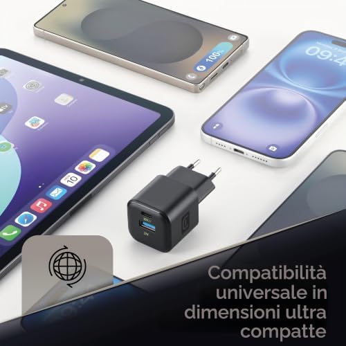Caricabatterie da rete con tecnologia GAN 30W - 2 porte USB-C e USB-A - ricarica rapida - formato compatto - nero