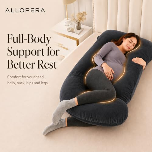 ALLOPERA Pregnancy Pillow, Full Body 57 Inch Maternity Pillow with Removable Washable Cover - Sleep Support for Legs, Back, Neck, Shoulder, HIPS, Belly for Pregnent Women, Velvet Cover (Black)